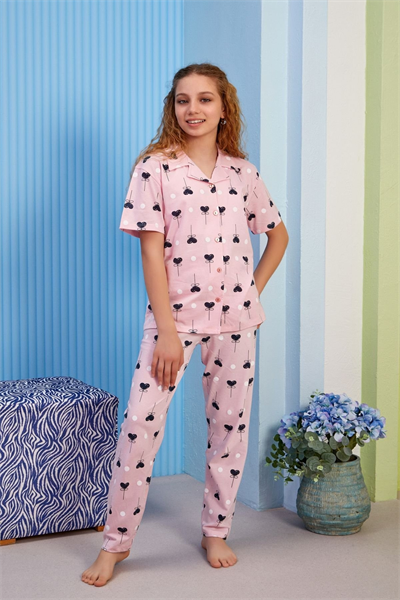 Kalp Desenli Yazlık Kız Çocuk Pijama Takımı - Pembe Düğmeli Gömlek Yakalı %100 Pamuklu Takım