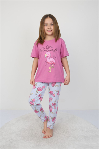 Kız Çocuk %100 Pamuk Yazlık Kısa Kollu Pijama Takımı - Pembe Flamingo Desenli