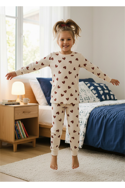 Kız Çocuk Kalp Desenli %100 Pamuk Fitilli Interlok Manşetli Uzun Kollu Pijama Takımı