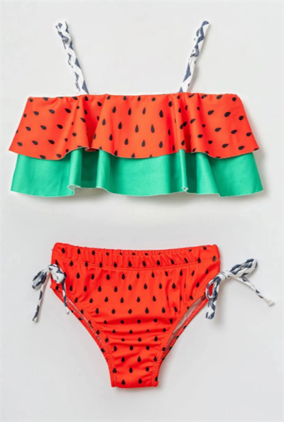 Kız Çocuk Karpuz Desenli Fırfırlı Bikini Takımı - Hızlı Kuruyan Deniz ve Havuz Seti