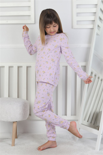 Kız Çocuk Lila Çiçek Desenli %100 Pamuk Fitilli Interlok Pijama Takımı 3-8 Yaş