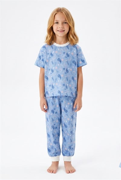 Kız Çocuk Pijama Takımı %100 Pamuk Flamingo Desenli Yazlık Kısa Kollu