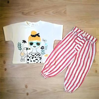 Kız Çocuk Takım Alt Üst Takım T-shirt Pantolon Ikili Takım Çizgili Pantolonlu Takım