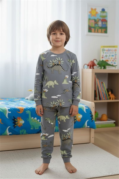 Mevsimlik Erkek Çocuk Dinozor Pijama Takımı %100 Pamuk Süprem Penye Uzun Kollu