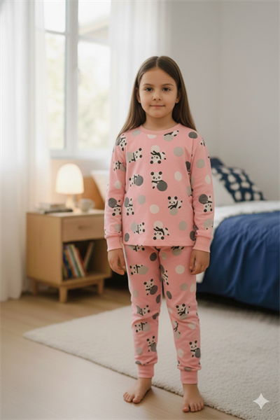 Panda Desenli %100 Pamuk İnterlok Kız Çocuk Pijama Takımı - Uzun kollu , bisiklet yaka