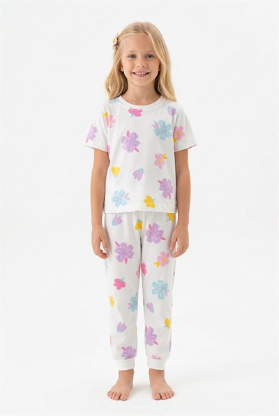 Renkli Çiçek Desenli Kısa Kollu Kız Çocuk Pijama Takımı - %100 Pamuklu Beyaz Takım