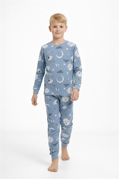 Uyku Temalı %100 Pamuklu Erkek Çocuk Pijama Takımı - Mavi Kuzulu Desenli Takım