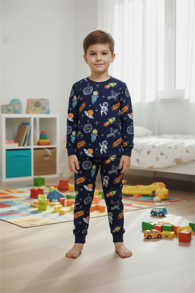 Uzay Temalı Erkek Çocuk Pijama Takımı %100 Pamuk Mevsimlik Bisiklet Yaka Manşetli