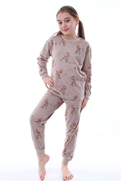 Uzun Kollu %100 Pamuk Kız Çocuk Pijama Takımı Bisiklet Yaka Manşetli 3-8 Yaş