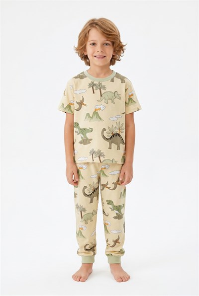 Yazlık Kısa Kollu Erkek Çocuk Pijama Takımı Safari Desenli %100 Pamuk