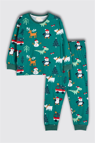 Yılbaşı Temalı Pamuk Unisex Çocuk Bisiklet Yaka Kırmızı Pijama Takımı