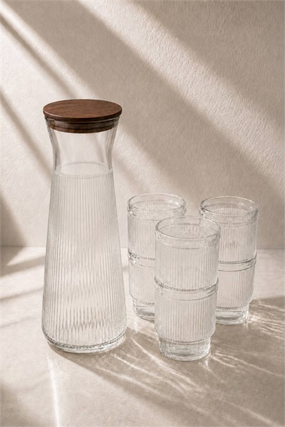 7 Parça Bambu Kapaklı Cam Karaf ve Diamond Bardak Seti