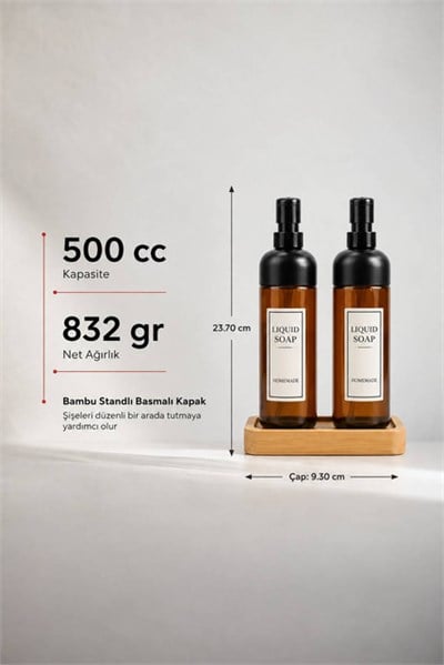 2li Amber Cam Sıvı Sabunluk Seti Ahşap Standlı 500 cc