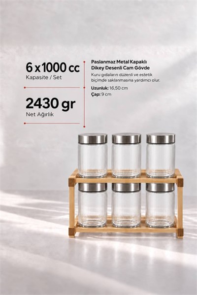 6’lı Metal Kapaklı Cam Saklama Kavanozu Seti 1000 cc