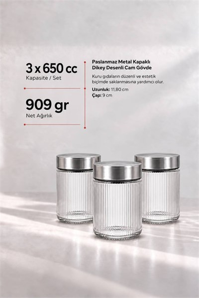 3’lü Metal Kapaklı Cam Saklama Kavanozu Seti 650 cc
