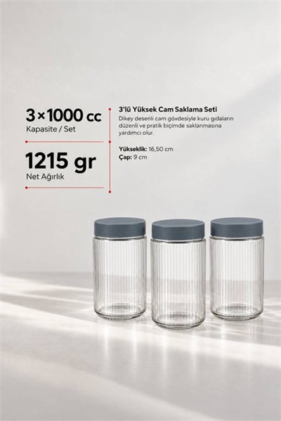3’lü Diamond Cam Saklama Kavanozu Seti 1000 cc