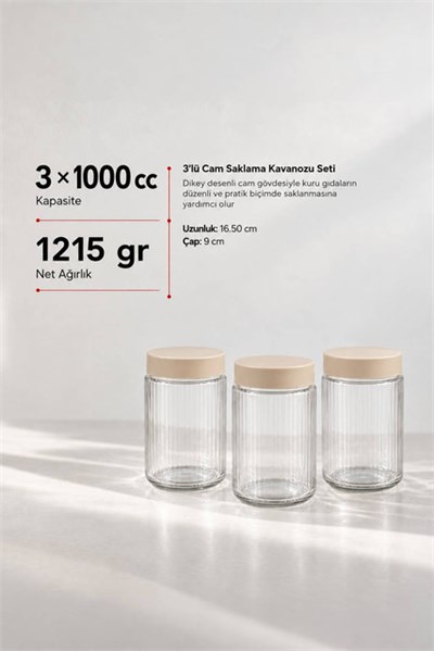 3’lü Diamond Cam Saklama Kavanozu Seti 1000 cc