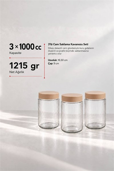 3’lü Diamond Cam Saklama Kavanozu Seti 1000 cc