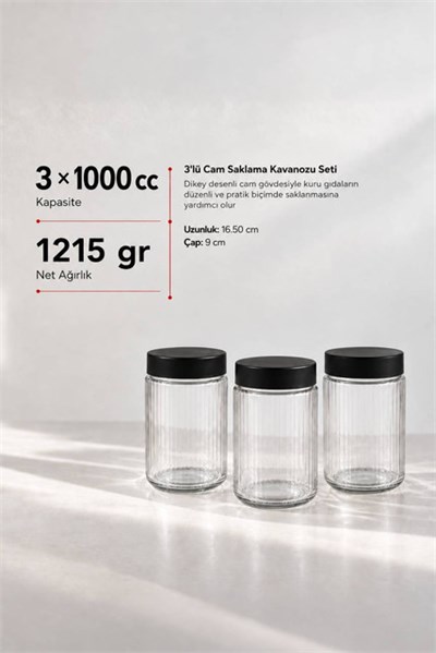 3’lü Diamond Cam Saklama Kavanozu Seti 1000 cc