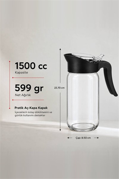 Derya Serisi Pratik Kapaklı Cam Sürahi 1500 cc