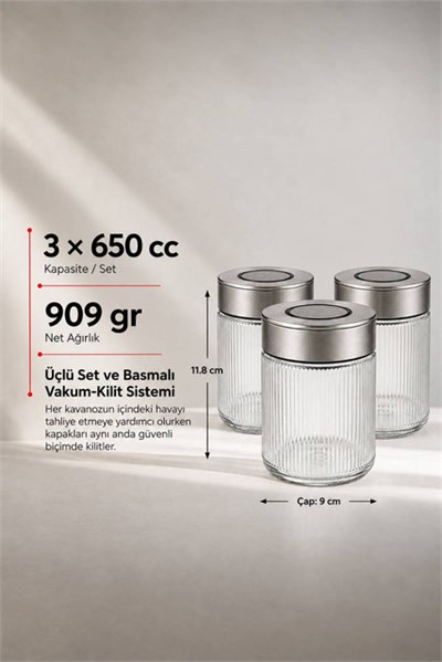 3lü Premium Airtight Diamond Cam Saklama Kavanozu Seti 650 cc