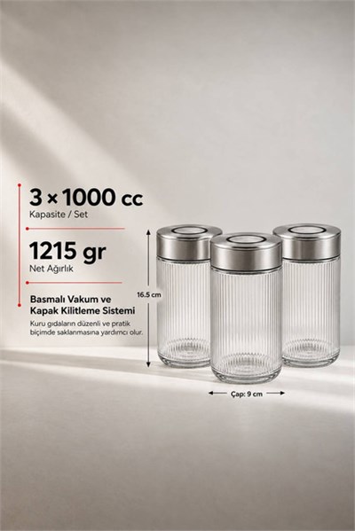 3lü Premium Airtight Diamond Cam Saklama Kavanozu Seti 1000 cc