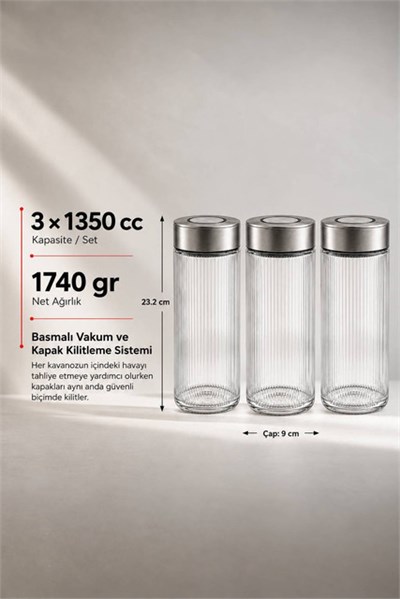 3lü Premium Airtight Diamond Cam Saklama Kavanozu Seti 1350 cc