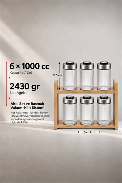 6lı Premium Airtight Diamond Cam Saklama Kavanozu Seti 1000 cc