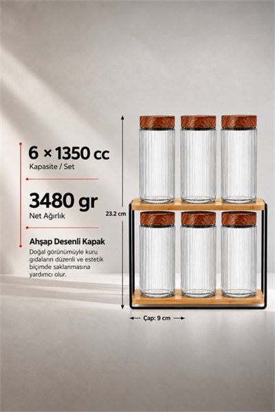 6’lı Ahşap Desenli Kapaklı Cam Saklama Kavanozu Seti 1350 cc