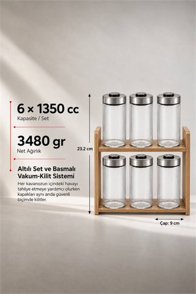  6lı Premium Airtight Diamond Cam Saklama Kavanozu Seti 1350 cc