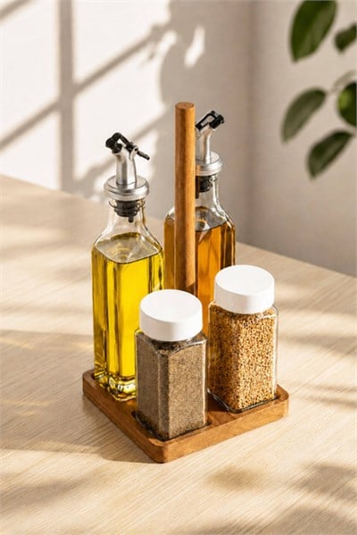 Bambu Standlı Cam Yağdanlık ve Baharatlık Seti 