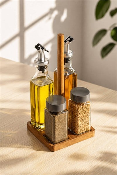 Bambu Standlı Cam Yağdanlık ve Baharatlık Seti 