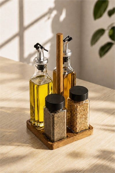 Bambu Standlı Cam Yağdanlık ve Baharatlık Seti 
