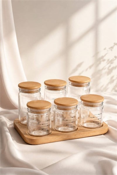 Bambu Standlı 6lı Cam Baharatlık Seti 