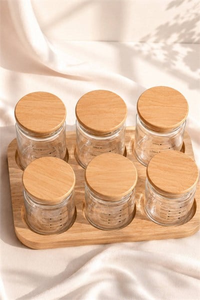 Bambu Standlı 6lı Cam Baharatlık Seti 