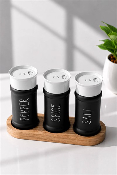 Bambu Standlı 3lü Cam Baharatlık Seti 