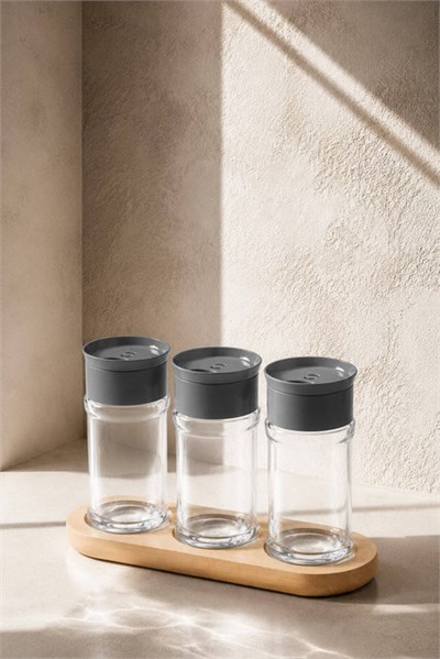 Bambu Standlı 3lü Cam Baharatlık Seti 
