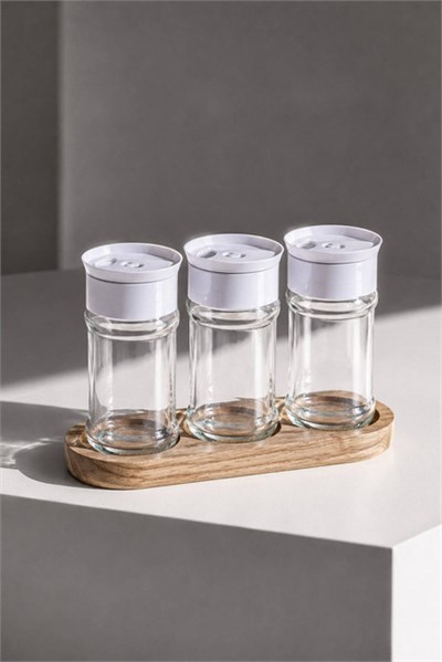 Bambu Standlı 3lü Cam Baharatlık Seti 