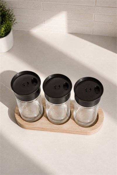 Bambu Standlı 3lü Cam Baharatlık Seti 