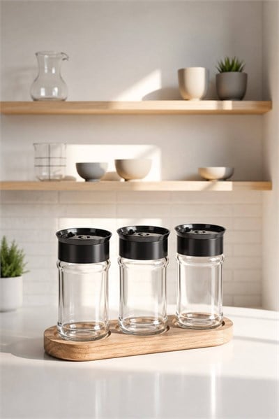Bambu Standlı 3lü Cam Baharatlık Seti 