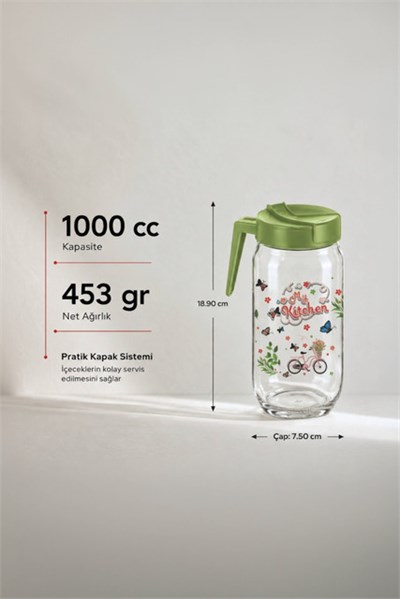 Desenli Kapaklı Cam İçecek Sürahisi 1000 cc