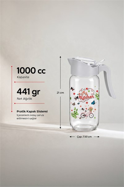 Desenli Kapaklı Cam Sürahi 1000 cc