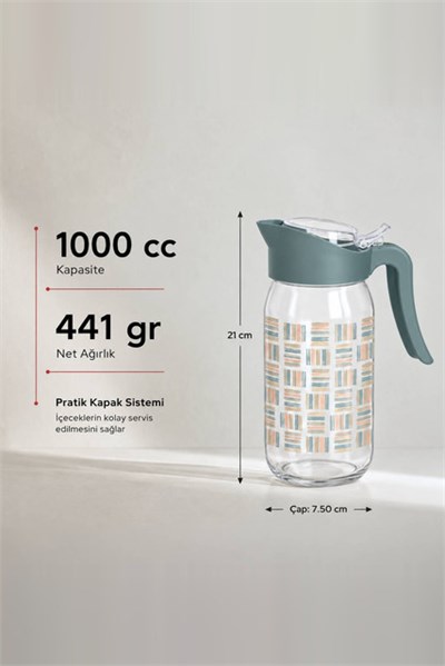Desenli Kapaklı Cam Sürahi 1000 cc