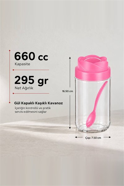 Gül Kapaklı Kaşıklı Cam Kavanoz 660 cc