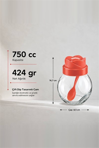 Gül Kapaklı Kaşıklı Cam Kavanoz 750 cc