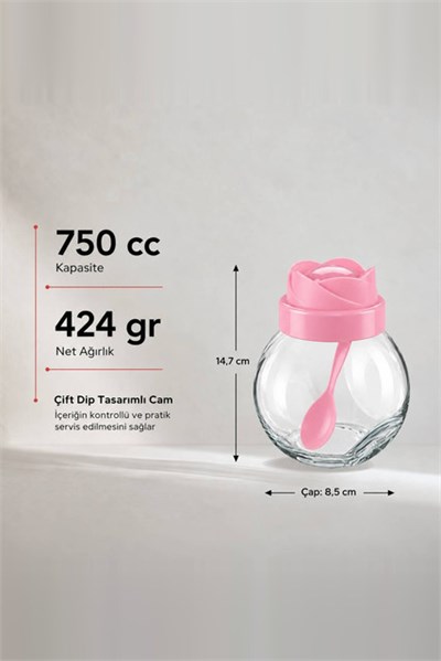 Gül Kapaklı Kaşıklı Cam Kavanoz 750 cc