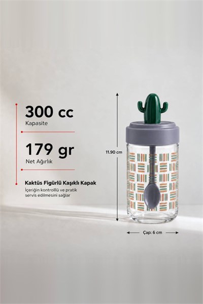 Desenli Kaktüs Kapaklı Kavanoz 300 cc