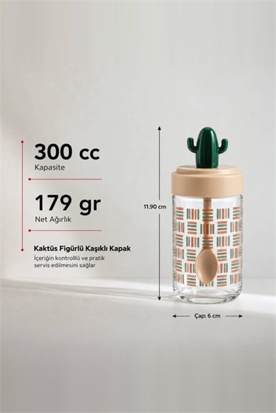 Desenli Kaktüs Kapaklı Kavanoz 300 cc