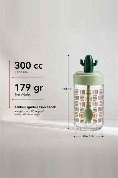 Desenli Kaktüs Kapaklı Kavanoz 300 cc