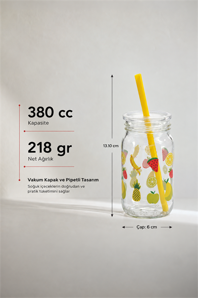 Vakum Kapaklı Pipetli Cam Bardak 380 cc